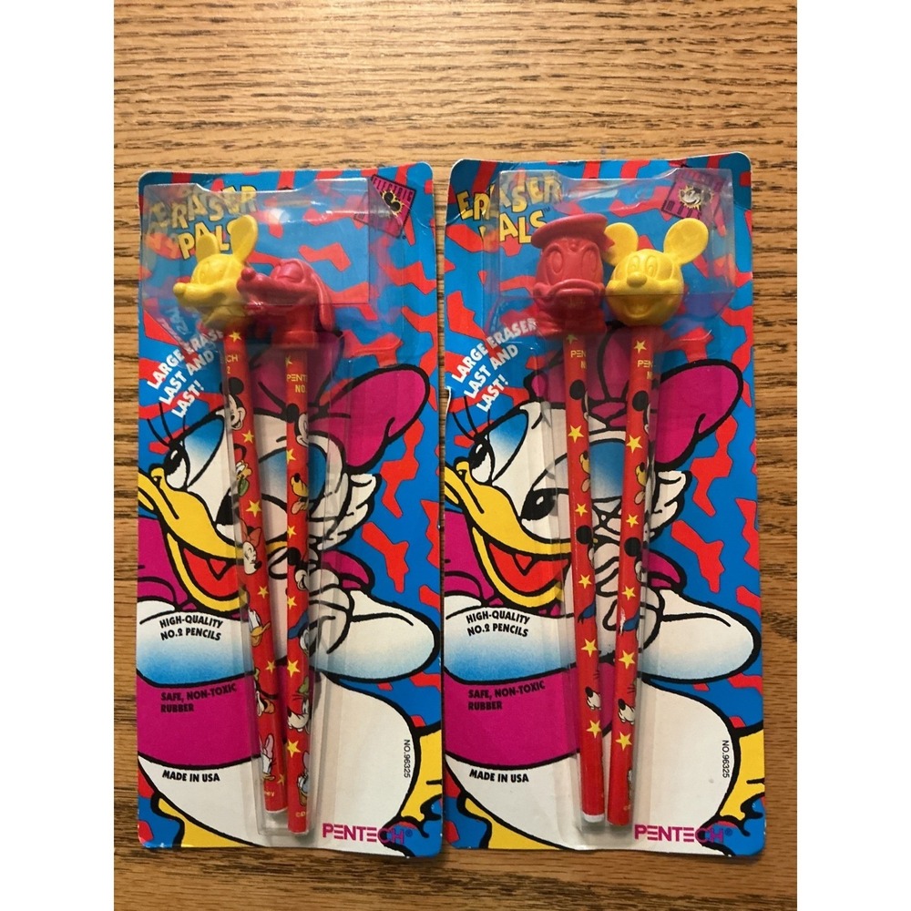 Vintage 1992 Pentech Eraser Pals Disney Mickey Pluto Donald Pencils 2-Pack NEW